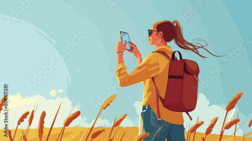 Young woman with mobile phone taking photo outdoors Vector