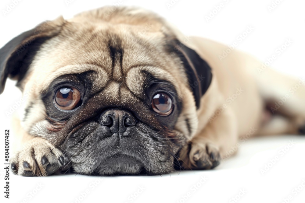 A pug dog relaxing on a white surface, suitable for pet-related designs A pug dog relaxing on a white surface, suitable for pet-related designs