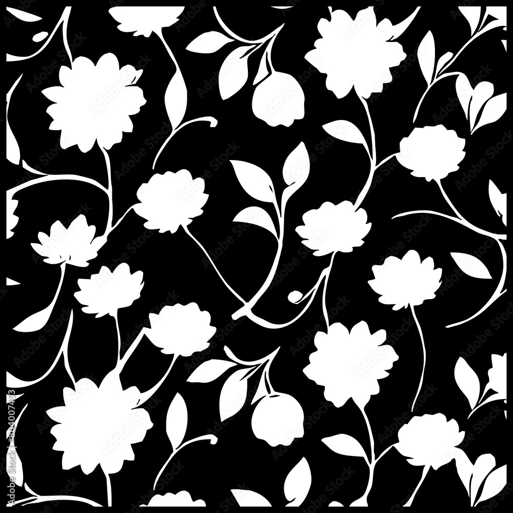 Black and white botanical pattern. For use in graphics, materials. Abstract plant shapes. Minimalist illustration for printing on wall decorations. Generated by Ai Black and white botanical pattern. For use in graphics, materials. Abstract plant shapes. Minimalist illustration for printing on wall decorations. Generated by Ai