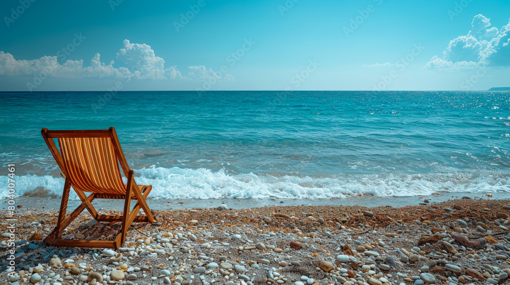 Relaxation on the beach: A lonely lounge chair next to the calm ocean