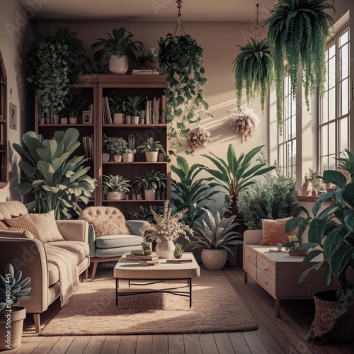 living room with green plants