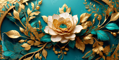 Luxury wedding invitation card background with golden line art flower and leaves, VIP cover, Golden text lettering. New Year and Christmas design, Birthday invitation, watercolor style