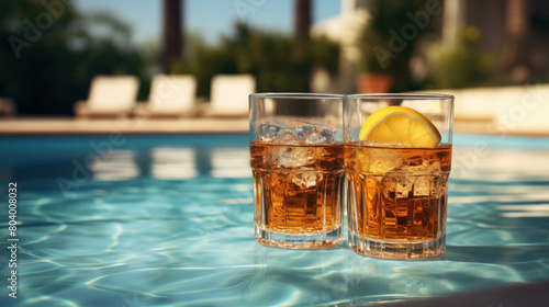 Cocktail glasses or refreshing drinks next to the pool. During the summer holidays