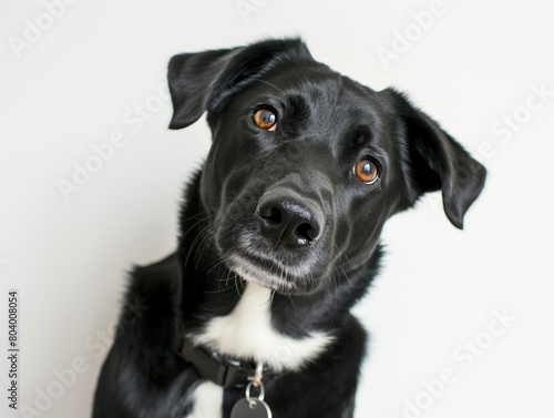 Close-up of a black dog with attentive eyes and a head tilt  isolated on a white background.