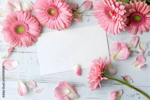 Mockup of greeting card or invitation. White paper and pink gerberas on a wooden white background.