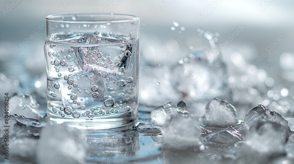 Water with ice cubes in a glass is refreshing, quenches thirst, and is good for health with a splash background 