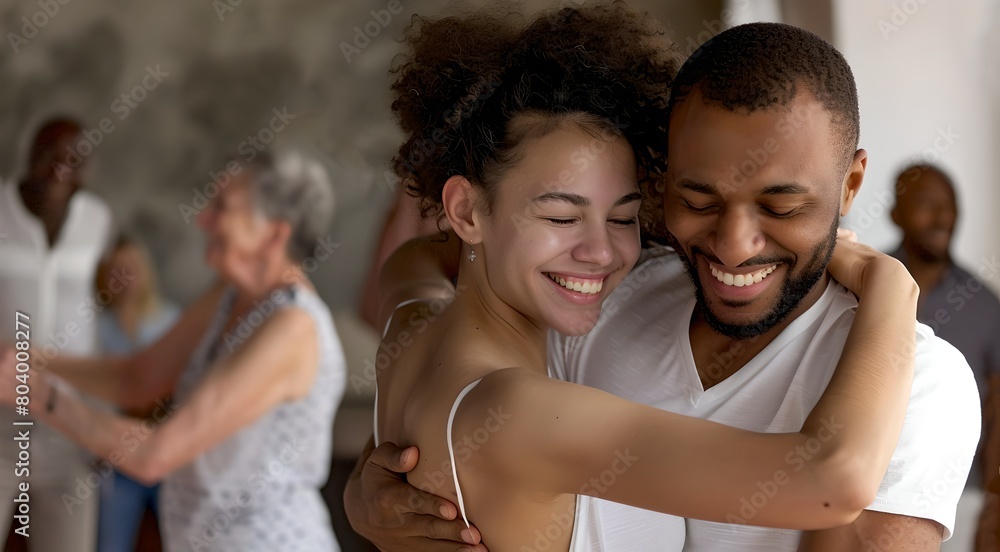 Obraz premium Joyful Embrace Captured in a Tender Moment. A Couple Hugs Warmly, Expressing Love and Contentment. Candid Style, Family Gathering. AI