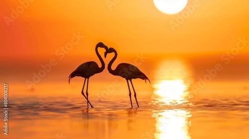 Graceful Flamingos in Shallow Water at Sunset