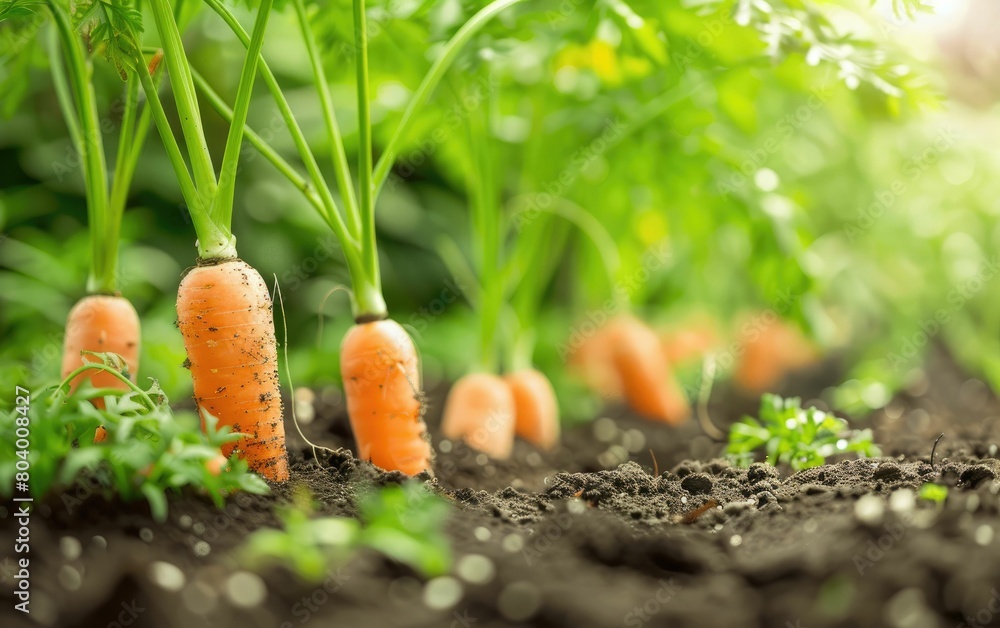 Fresh orange carrot tops poke out from the garden soil, ready for harvest Fresh orange carrot tops poke out from the garden soil, ready for harvest