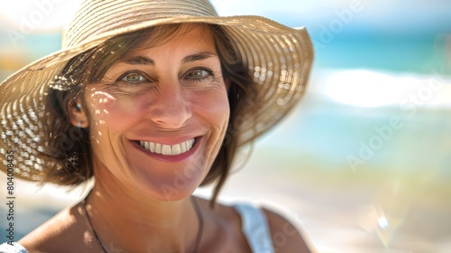 Radiant Woman Enjoying a Sunny Beach Day in a Straw Hat. Casual Outdoor Portrait, Warm Tones and Happy Lifestyle Shot by the Sea. AI photo