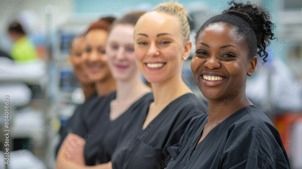 Group of Uniformed Nurses Standing Together, International Nurses Day, hospital care, dedication and skills. Group of Uniformed Nurses Standing Together, International Nurses Day, hospital care, dedication and skills.