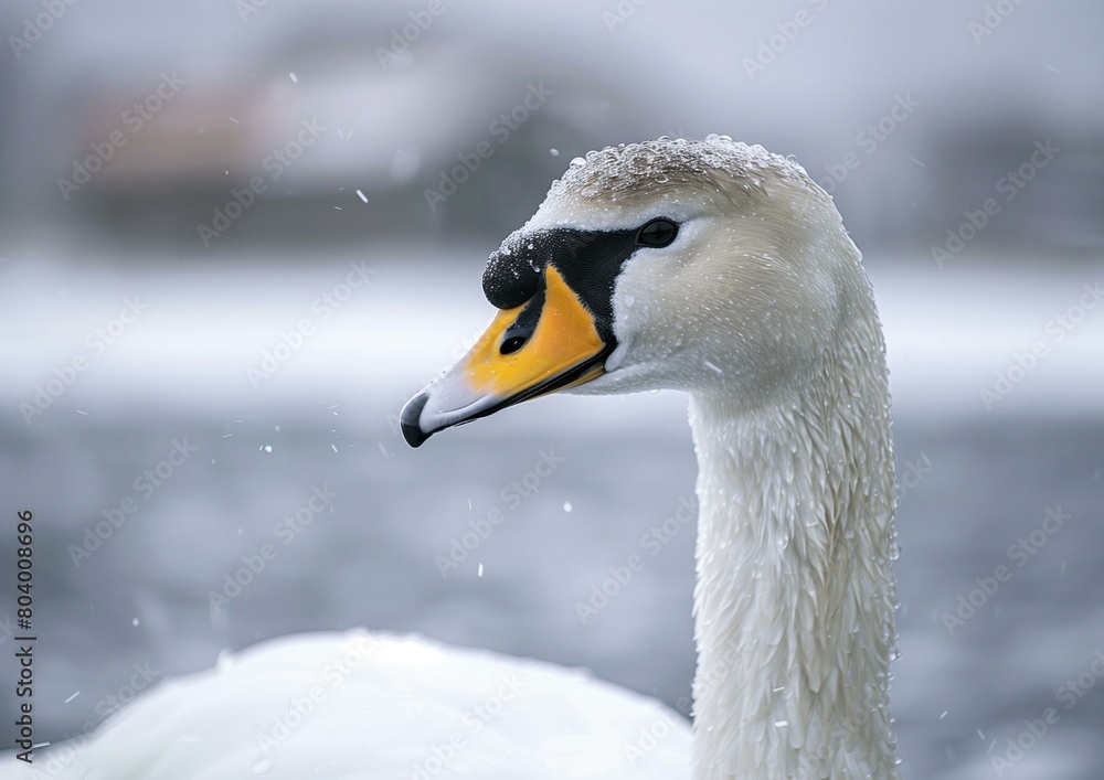 Serene Swan in Snowy Weather by Water – Close-up Portrait of Elegant Bird Serene Swan in Snowy Weather by Water – Close-up Portrait of Elegant Bird