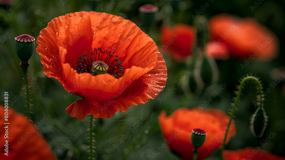 Obraz premium Macro shot of a red poppy in field of poppies.