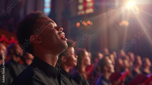 Diverse group of singers perform in a church with a beautiful light shining through the stained glass windows. photo