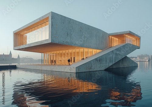 Modern three-story architecture and design museum gracefully hovers over tranquil waters at dusk  featuring futuristic design elements