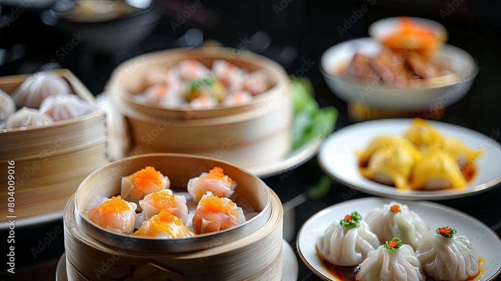 A variety of delicious dim sum dishes are on display, including dumplings, buns, and rolls.