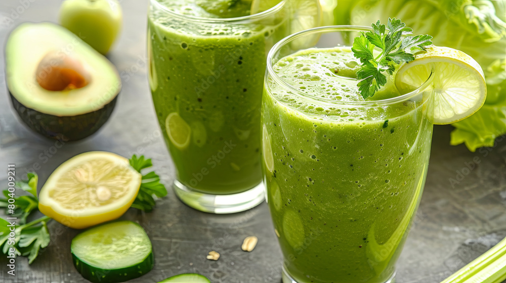 Delicious healthy green smoothie in a glass with vegetables and fruits on the table Delicious healthy green smoothie in a glass with vegetables and fruits on the table