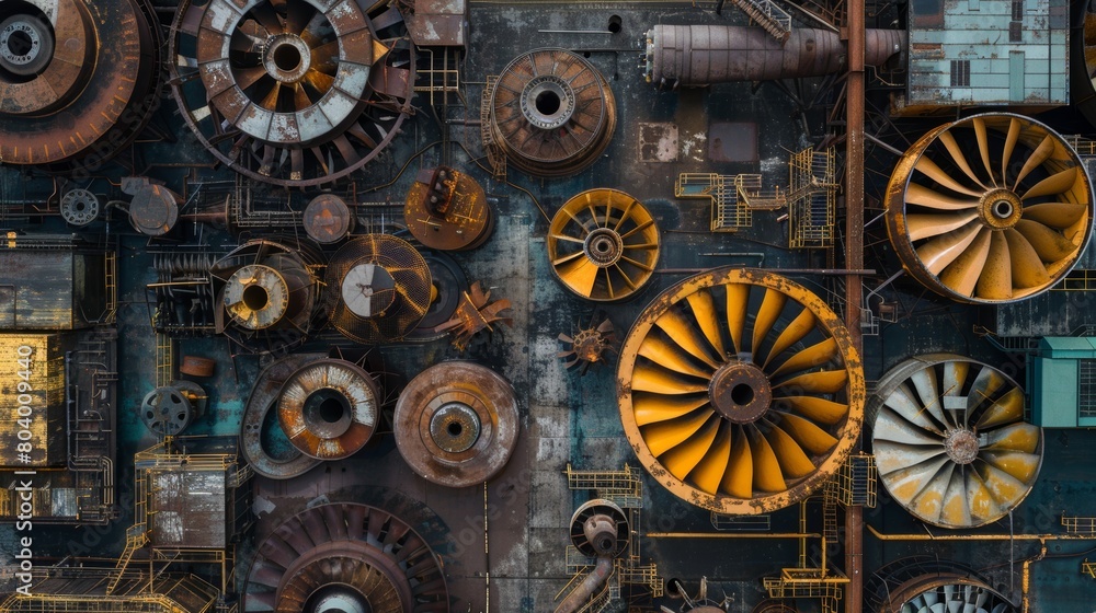 Industrial panorama from above, showing the evolution from rusty old turbines to cutting-edge propellers in a dynamic layout