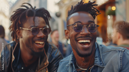 Two African-American men laughing outdoors in a vibrant city.