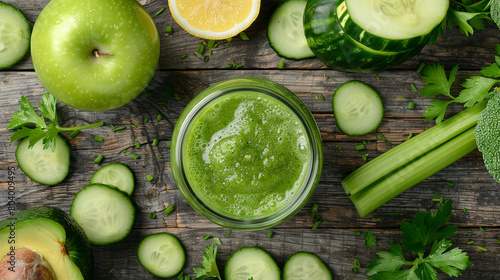 Delicious healthy green smoothie in a glass with vegetables and fruits on a wooden background, top view