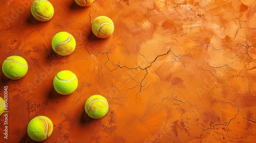 High-resolution image of a clay tennis court, top view with multiple tennis balls, isolated background, professional studio lighting photo