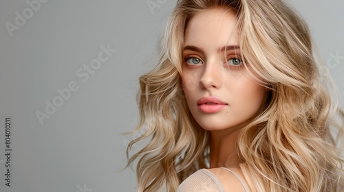 Portrait of a Young Woman with Beautiful Blonde Wavy Hair, Natural Makeup. Ideal for Beauty and Haircare Themes. Studio Shot, Grey Background. AI