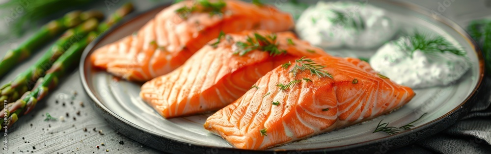 A white plate containing a portion of salmon and asparagus on the side A white plate containing a portion of salmon and asparagus on the side