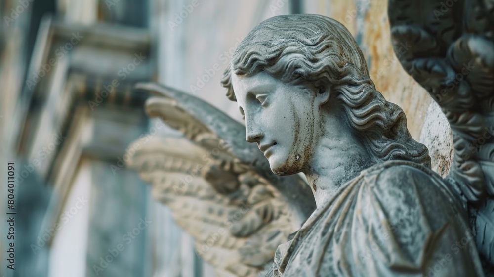 Detailed view of an angelic statue, suitable for religious or spiritual concepts Detailed view of an angelic statue, suitable for religious or spiritual concepts