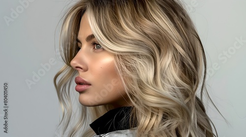 Stunning Portrait of a Blonde Woman with Luscious Wavy Hair. Close-up on Feminine Beauty, Perfect for Lifestyle and Fashion Use. Exquisite Lighting Highlights Fine Details. AI