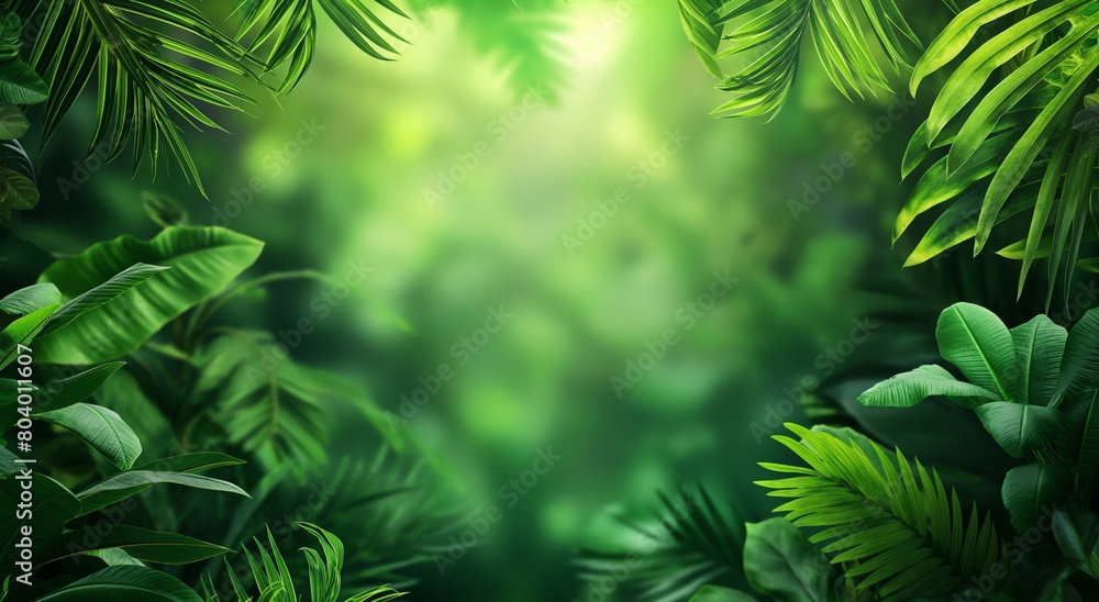 Frame of green tropical leaves with bokeh background. Vacation and travel theme concept. Design for wallpaper, banner with copy space or  backdrop.
