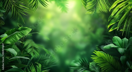 Frame of green tropical leaves with bokeh background. Vacation and travel theme concept. Design for wallpaper  banner with copy space or  backdrop.