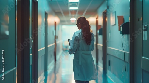 A glimpse into a doctor's world as they review files with diligence, anchoring the hospital corridor with their expertise. #804012079