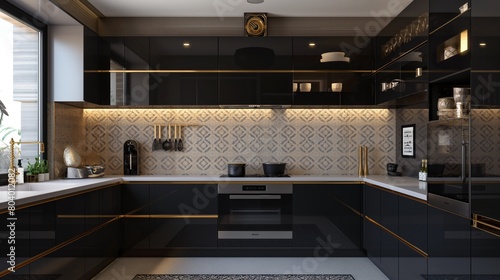 A contemporary kitchen boasting high-gloss, black cabinetry against a backdrop of geometric patterned tiles, accented with gold hardware and under-cabinet lighting that adds a touch of luxury.