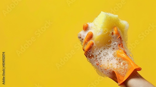 Close-Up of a Hand in Orange Glove Holding a Sponge with Foam for Cleaning on a Yellow Background