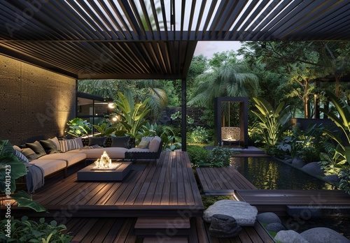 Modern Outdoor Living Area with Seating  Dark Wood Floor  and Black Metal Ceiling Overlooking a Small Pond