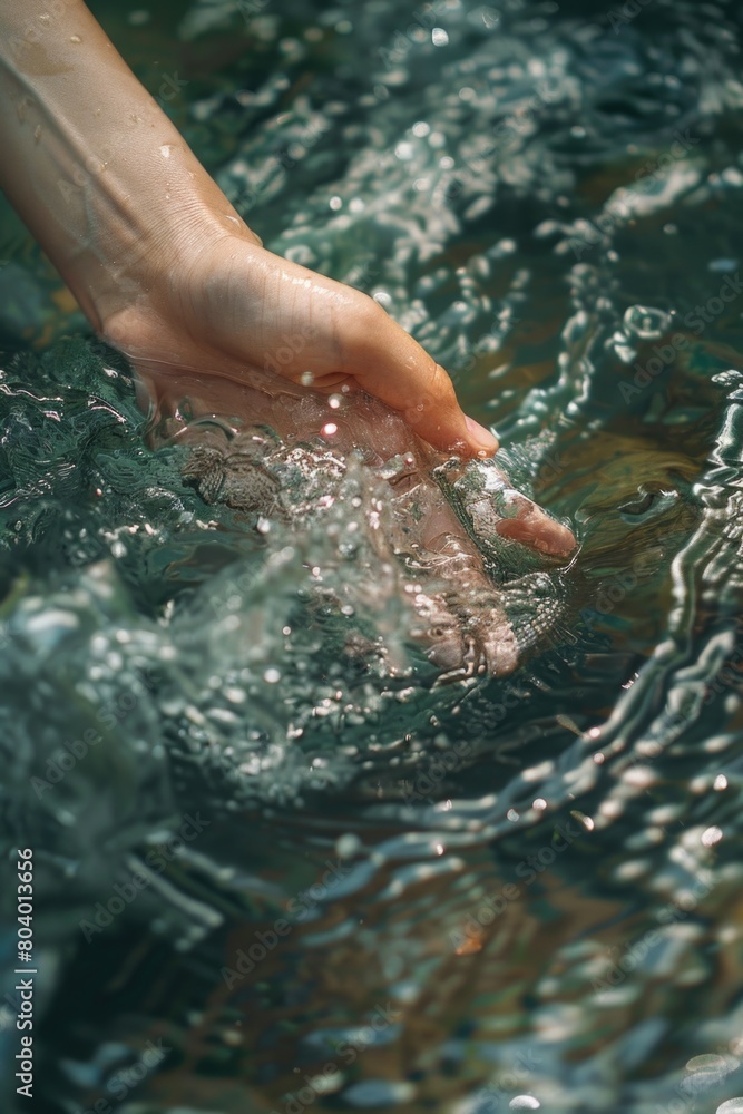 A person's hand reaching for something in the water. Suitable for concepts of exploration and discovery