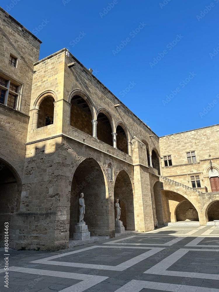 Medieval Greek palace grounds with marble statues Medieval Greek palace grounds with marble statues