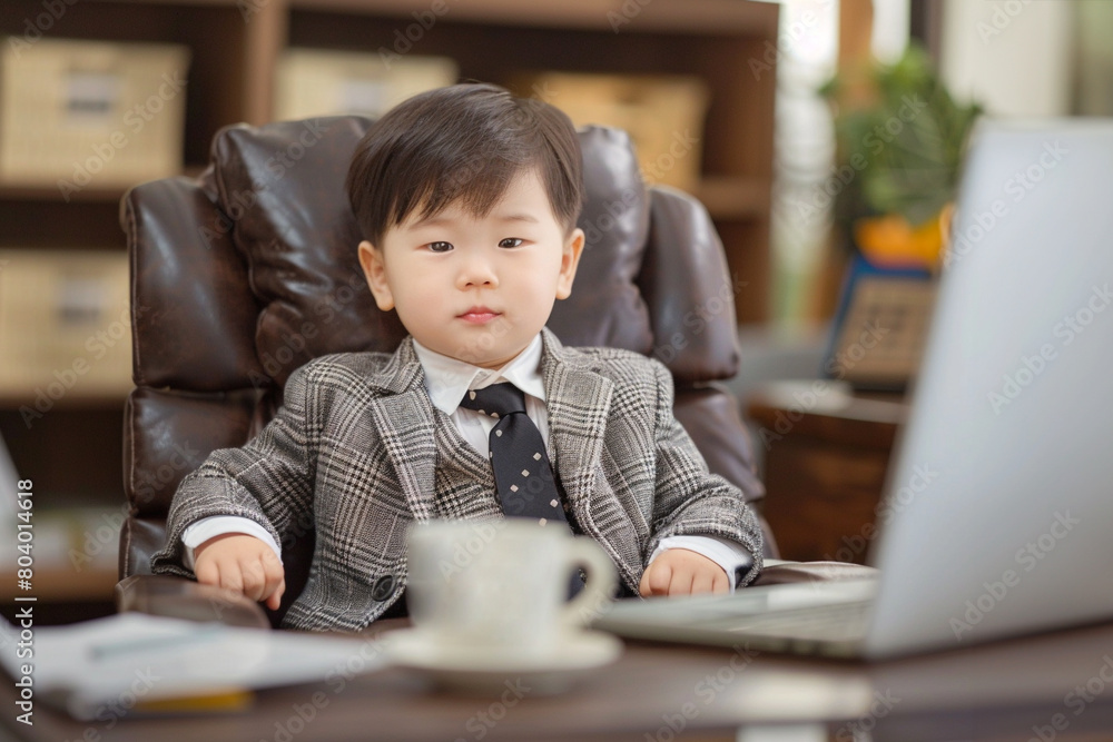 Little Asian Chinese boy dressed up as businessman with jacket sitting in an office in front of computer laptop Little Asian Chinese boy dressed up as businessman with jacket sitting in an office in front of computer laptop