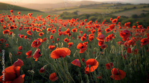 Landscape shot of a field of red poppies in golden hour sunlight on evening time  Memorial Day.