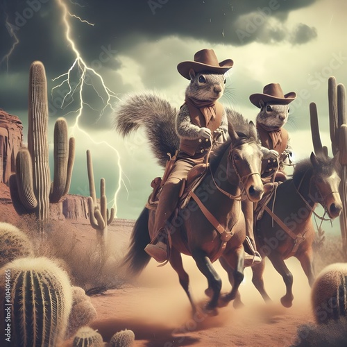Image of a human-sized squirrel dressed as a cowboy riding a horse. 