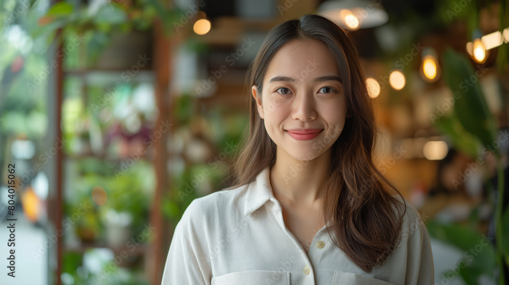 Portrait of asian woman, manager standing with tablet in front of cafe entrance, welcomes guests. Business and entrepreneurs concept.