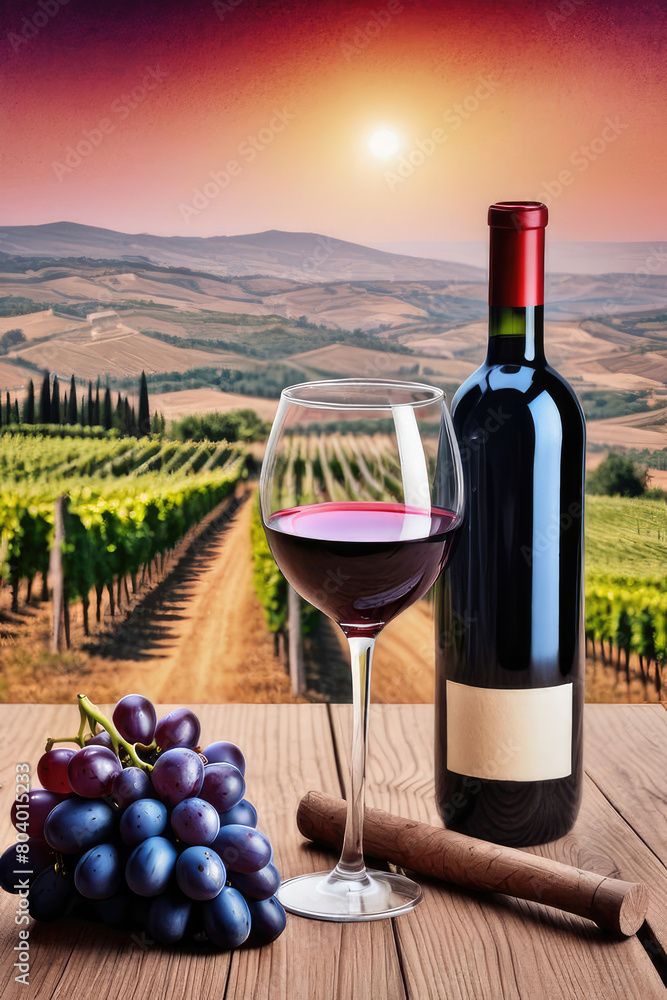 Glasses of red wine with grapes on wooden table in vineyard in field at sunset.
