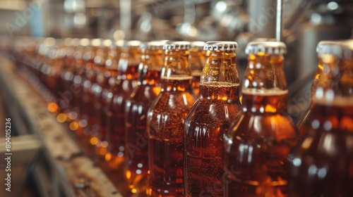 Line of bottling of cola soda bottles on clean light factory 