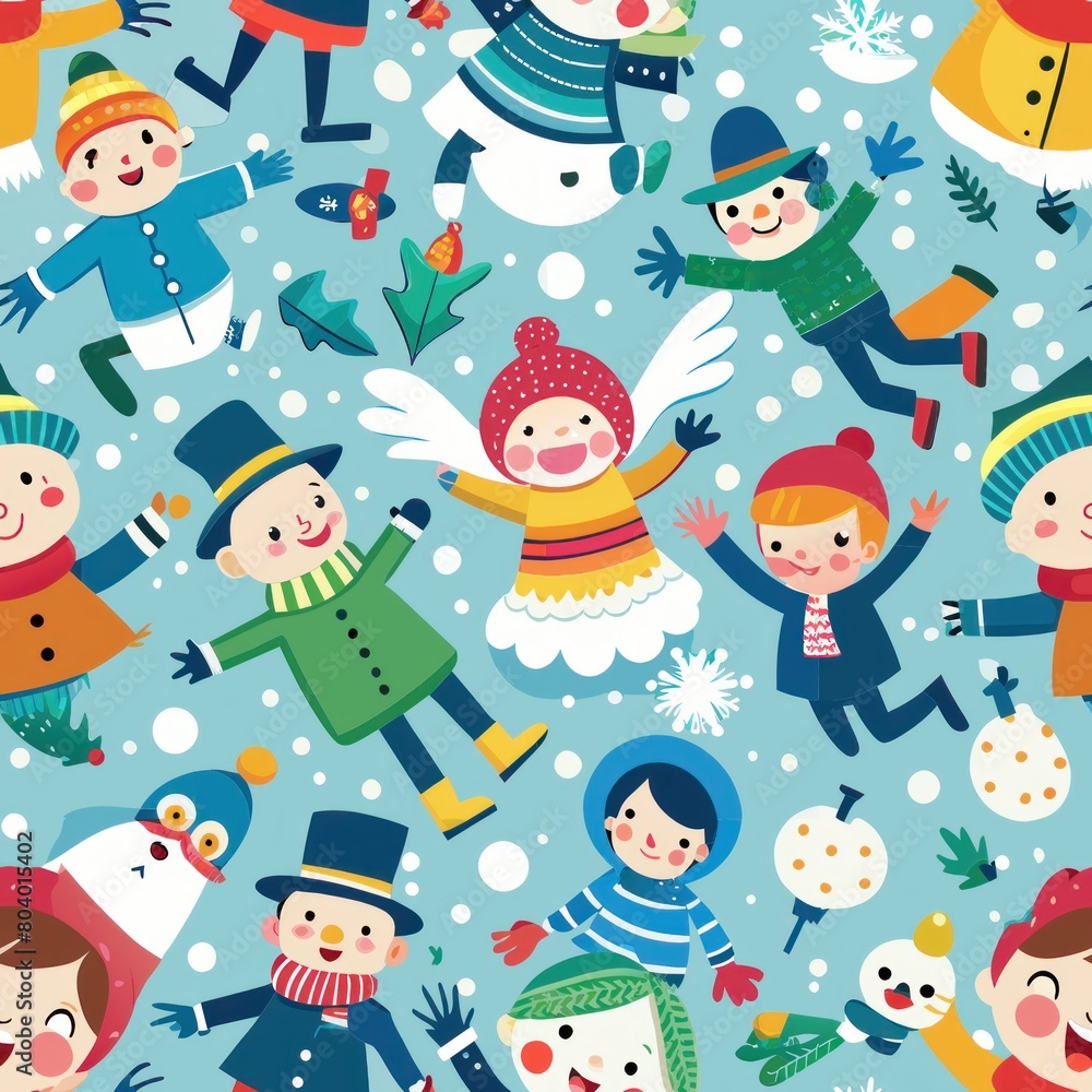 Seamless pattern of children building snowmen and snow angels, Generative AI Seamless pattern of children building snowmen and snow angels, Generative AI