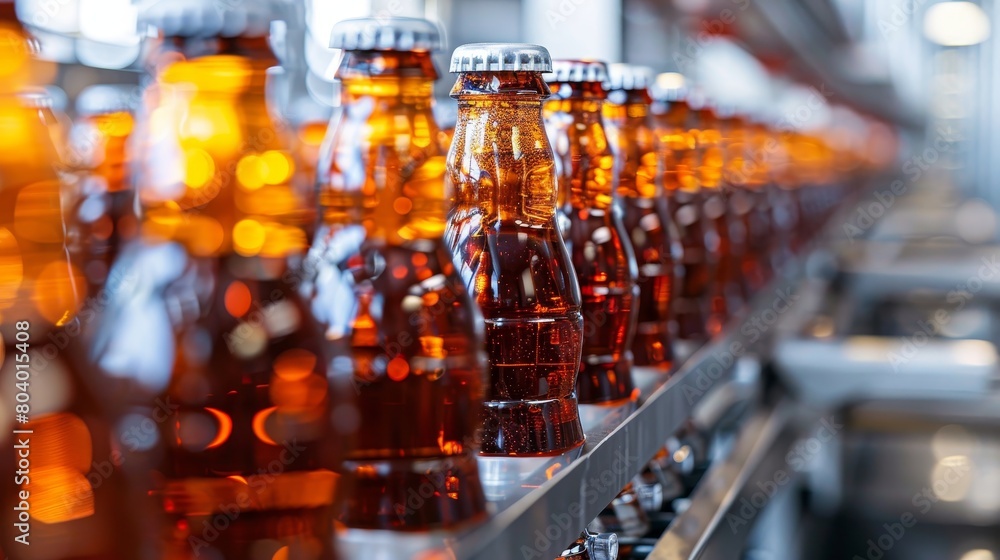 Line of bottling of cola soda bottles on clean light factory 