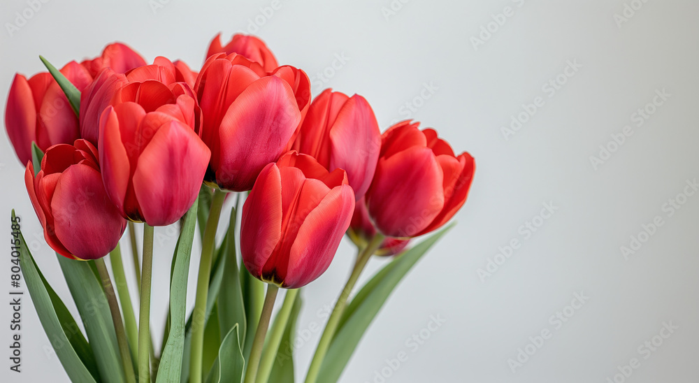 Red tulips bouquet, on gray background. Spring and Valentine's Day concept. Banner with copy space. Design for greeting card, invitation, poster. Red tulips bouquet, on gray background. Spring and Valentine's Day concept. Banner with copy space. Design for greeting card, invitation, poster.