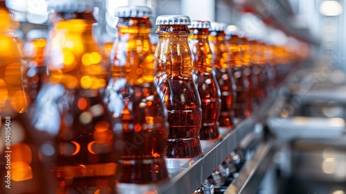 Line of bottling of cola soda bottles on clean light factory 