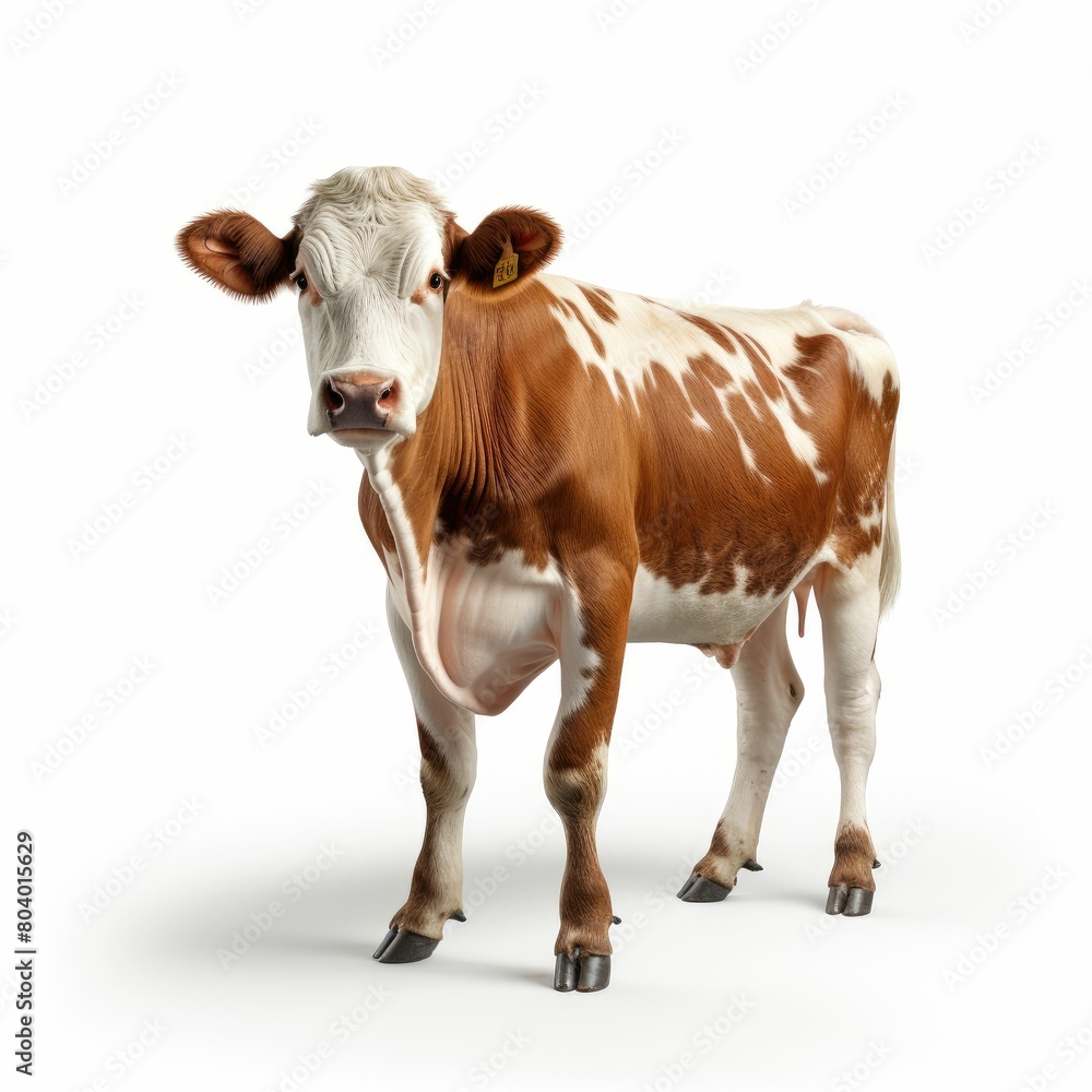 A curious cow looks on standing isolated on a white background