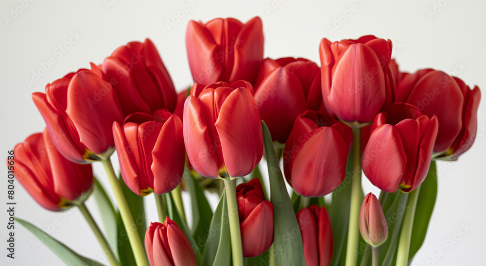 Red tulips bouquet, on white background. Spring and Valentine's Day concept. Banner with copy space. Design for greeting card, invitation, poster. Red tulips bouquet, on white background. Spring and Valentine's Day concept. Banner with copy space. Design for greeting card, invitation, poster.