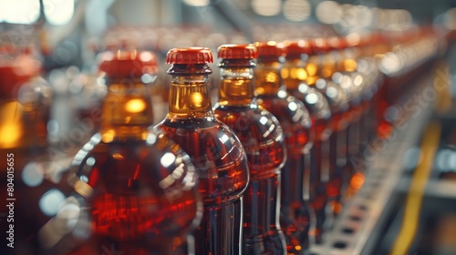 Line of bottling of cola soda bottles on clean light factory 